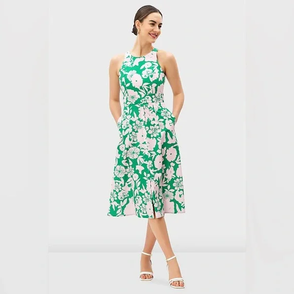 Eshakti Dresses | Floral Print Cotton Poplin Fit-And-Flare Dress | Color: Green | Size: 1x | Vantasticoutfit's Closet Eshakti Dresses | Floral Print Cotton Poplin Fit-And-Flare Dress | Color: Green | Size: 1x | Vantasticoutfit's Closet